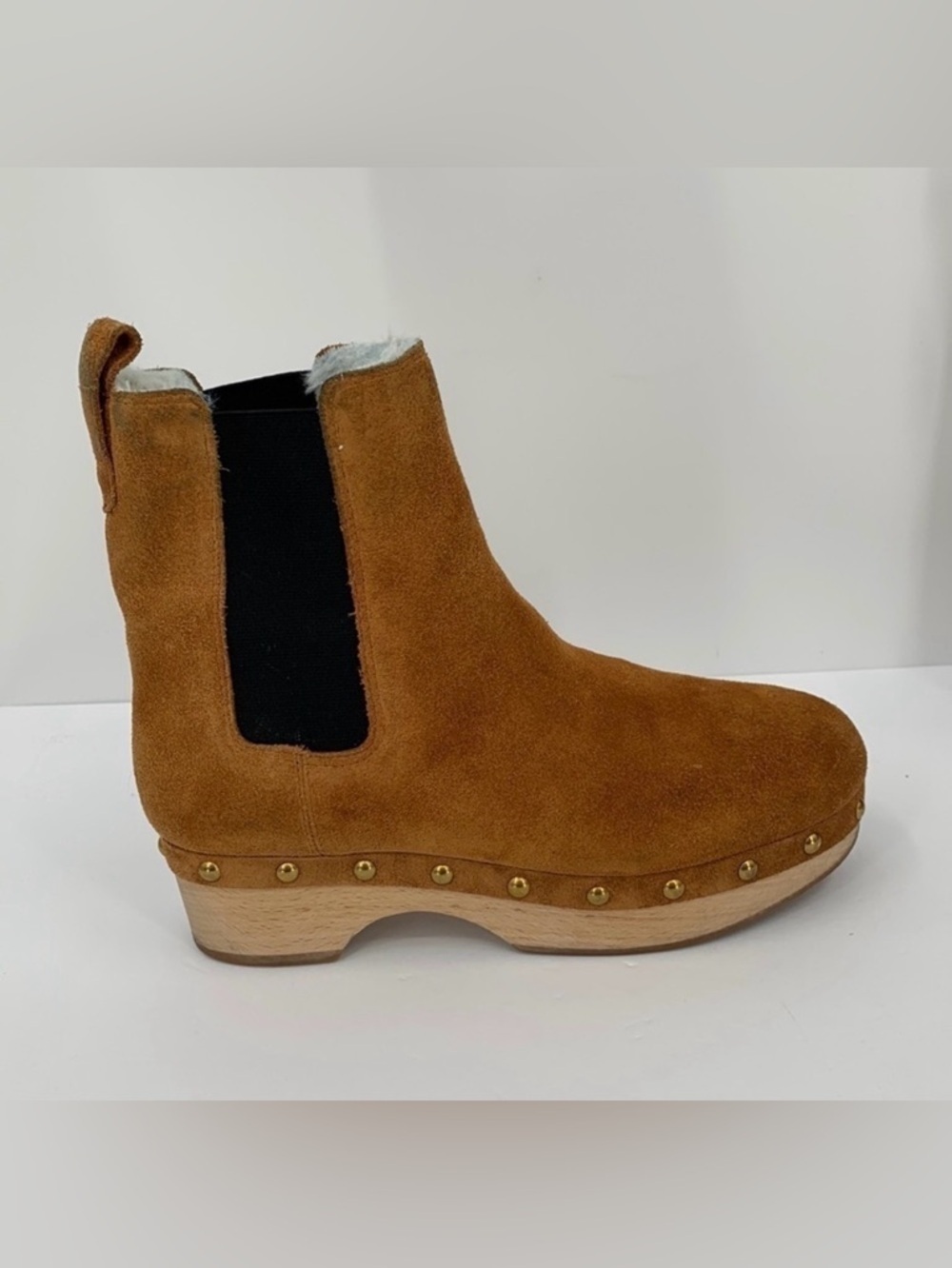 J Crew Suede Chelsea clog faux fur lined boot shoe slip-on brown wood women 7.5